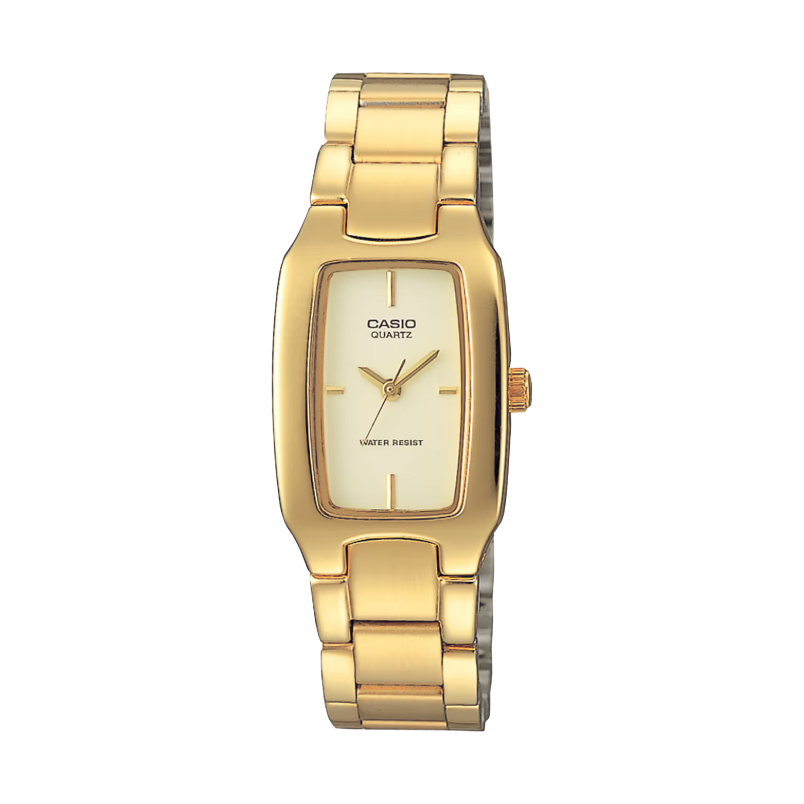 Gold Casio watch on a white background