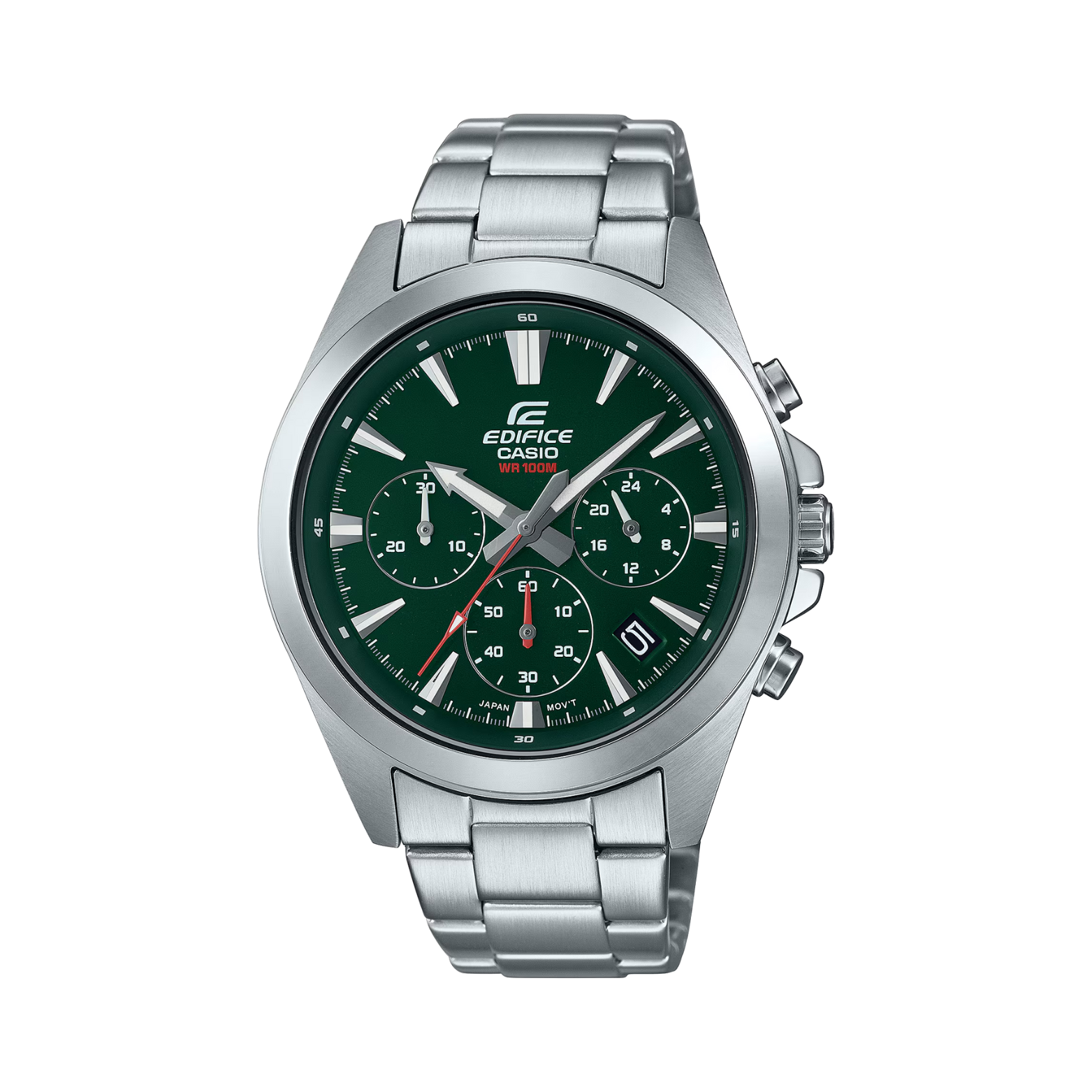 Casio Edifice watch with green dial and silver metal strap on a white background