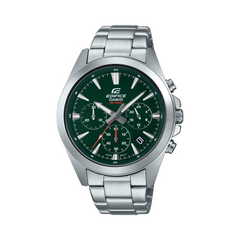 Casio Edifice watch with green dial and silver metal strap on a white background