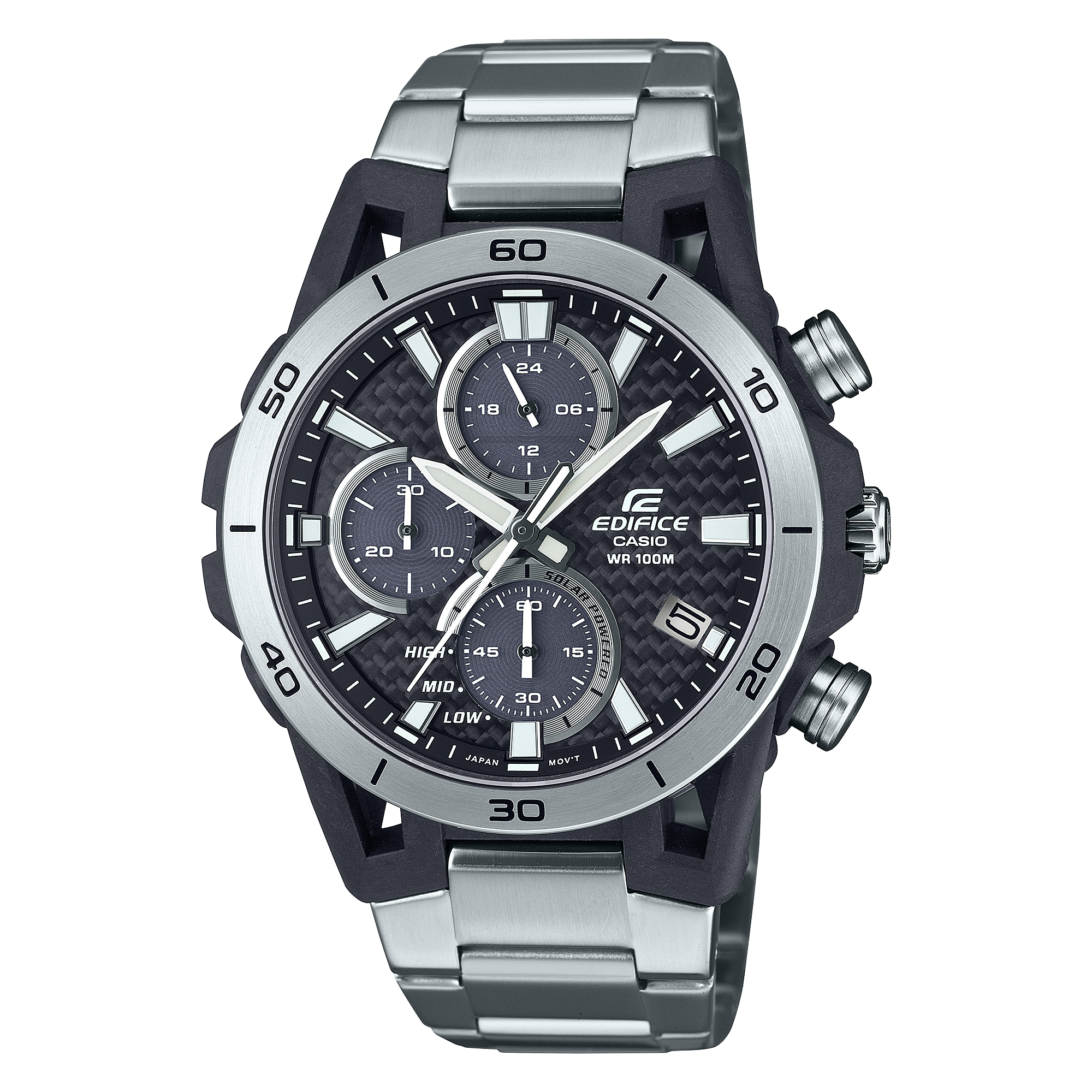 A Casio Edifice EQS-960D-1AVUDF watch with a black dial, stainless steel band, and carbon case.