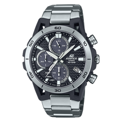 A Casio Edifice EQS-960D-1AVUDF watch with a black dial, stainless steel band, and carbon case.