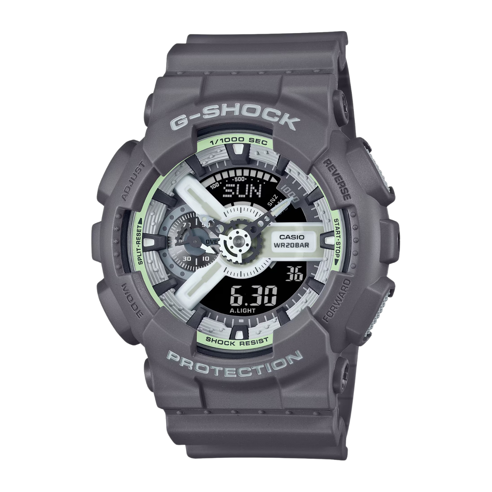 A Casio G-Shock watch with a black resin band and case, featuring a digital display and analog hands, set against a white background.