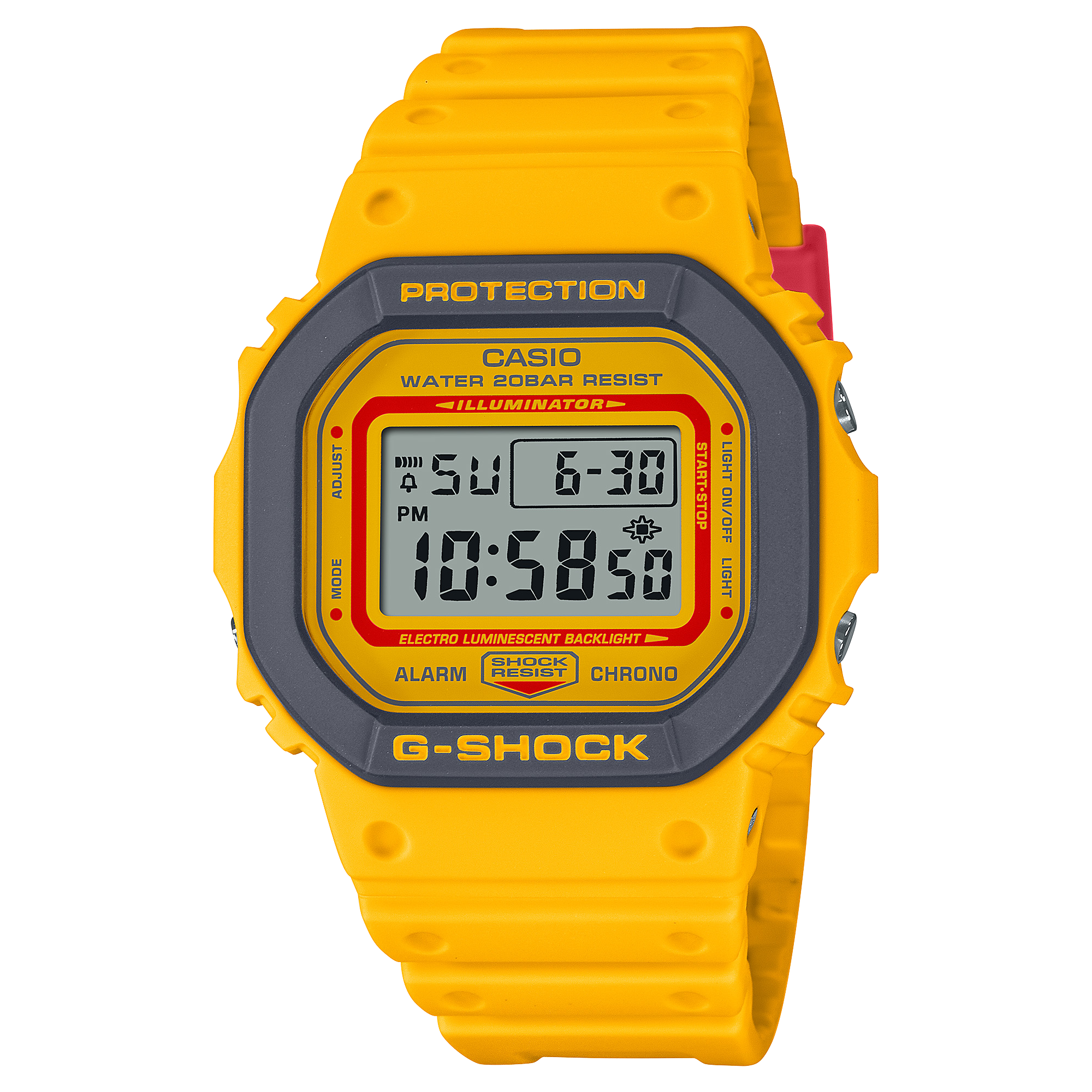 A yellow CASIO G-SHOCK digital watch with a resin band and buckle clasp, displaying time and various watch features on its digital screen.