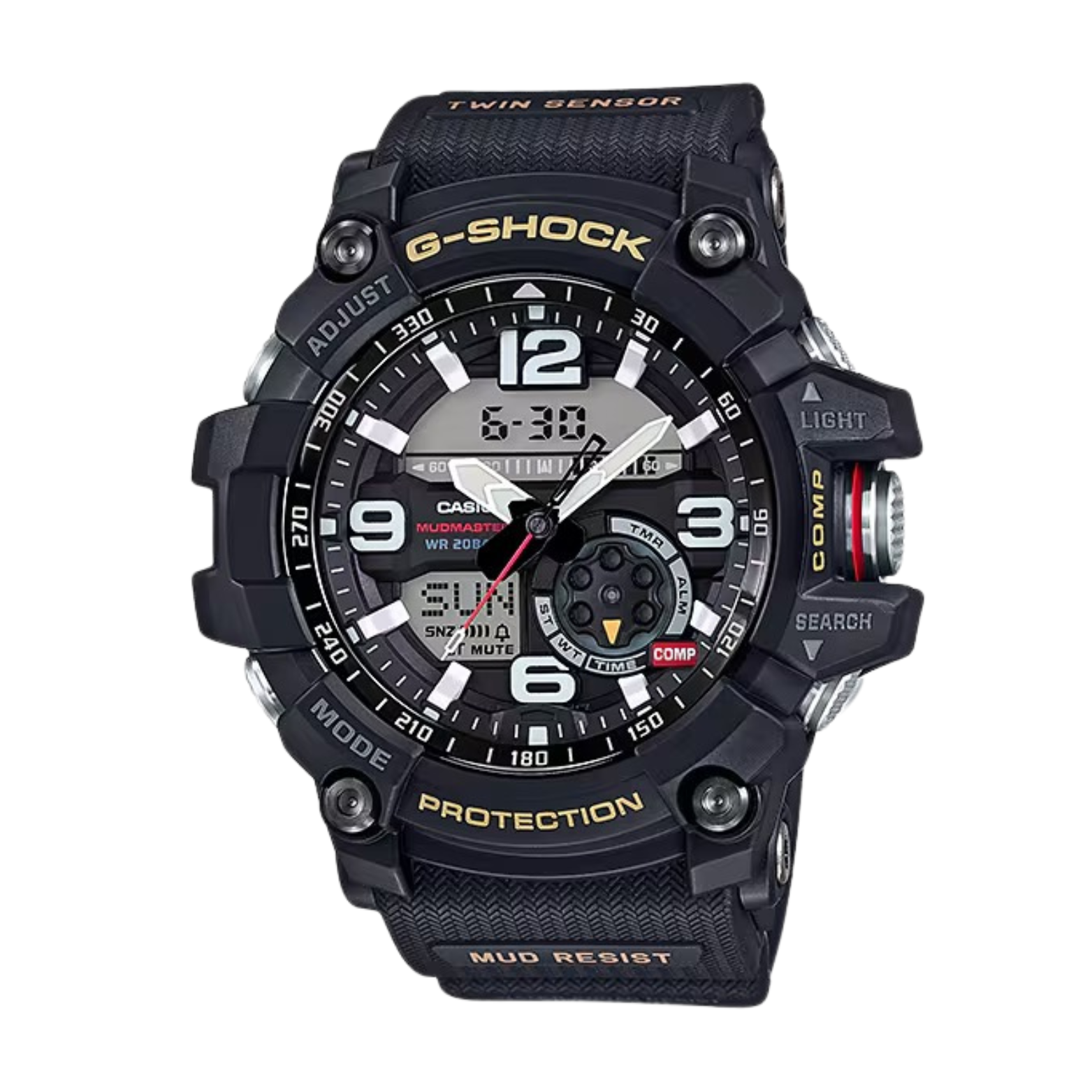 A black CASIO G-SHOCK analog-digital watch with a resin band, digital display, and multiple watch features visible.