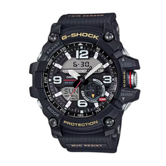 A black CASIO G-SHOCK analog-digital watch with a resin band, digital display, and multiple watch features visible.