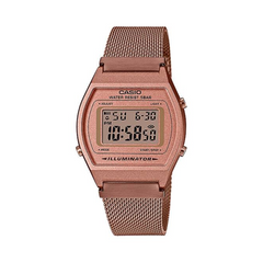 Rose gold Casio digital watch on a white background