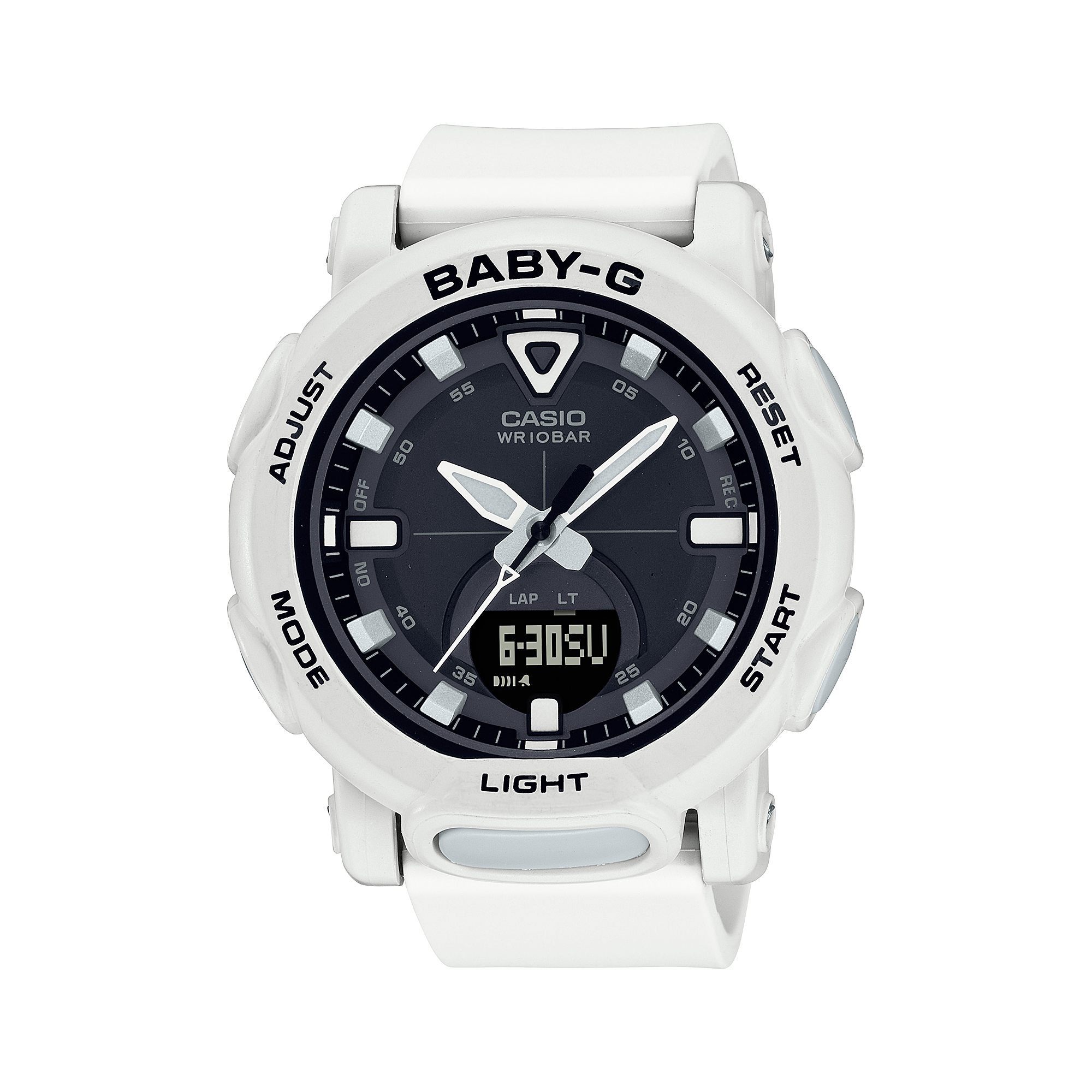 A Casio Baby-G analog-digital watch in white color with a black dial and LED light features.