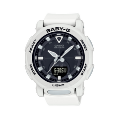 A Casio Baby-G analog-digital watch in white color with a black dial and LED light features.
