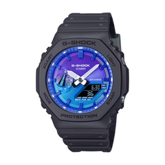 A CASIO G-SHOCK watch with a black band and case, featuring a blue analog dial with LED lighting and digital display elements.