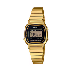 Gold Casio digital watch on a white background