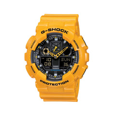 A Casio G-Shock watch with a yellow resin band and case, digital display, and multiple watch features displayed.
