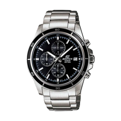 Silver watch with black face on a white background