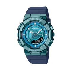 A Casio G-Shock watch with a blue ion plated bezel, digital display, and a resin band.