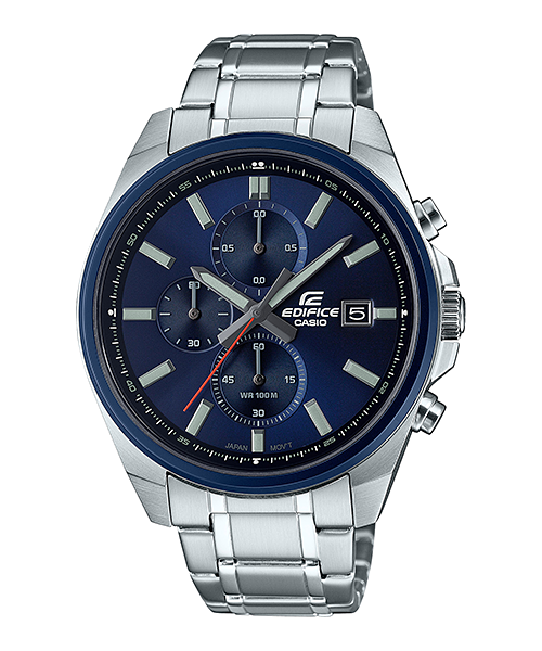 A Casio Edifice EFV-610DB-2AVUDF watch with a blue dial, stainless steel band, and a blue ion plated bezel.