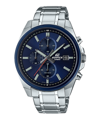 A Casio Edifice EFV-610DB-2AVUDF watch with a blue dial, stainless steel band, and a blue ion plated bezel.