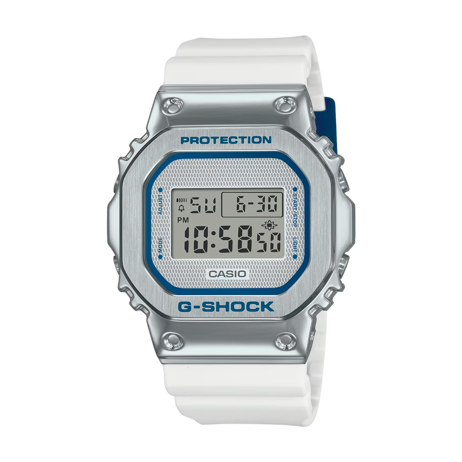 A Casio G-Shock digital watch with a white band, silver case, and blue accents. The watch features a digital display, a casing labeled 'G-SHOCK,' and buttons for various functions.