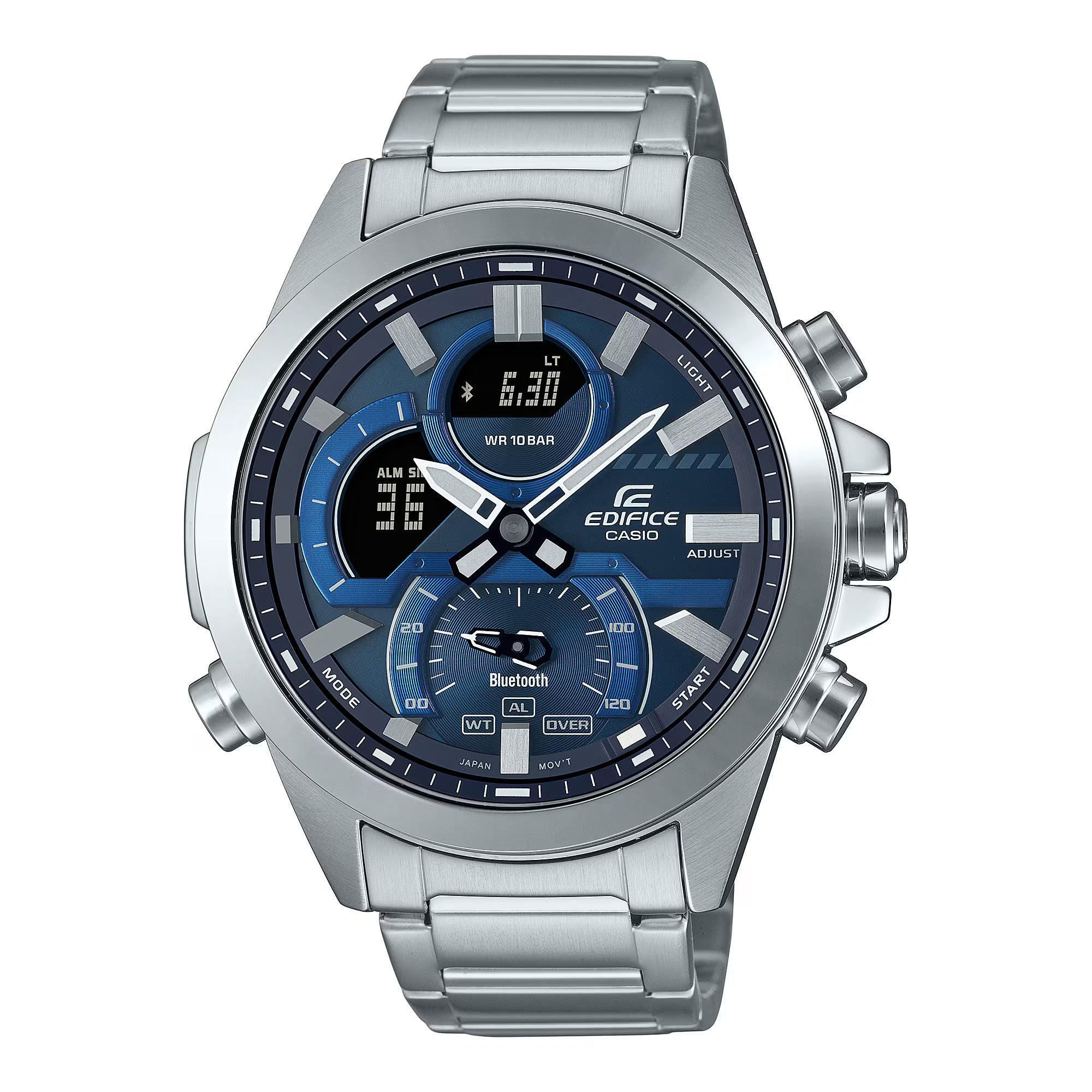 A Casio Edifice ECB-30D-2ADF watch with a stainless steel band and a blue analog dial with LED indicators.