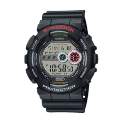 A black CASIO G-SHOCK digital watch with a resin band and resin case, featuring a world time display, stopwatch, timer, and alarm functions.