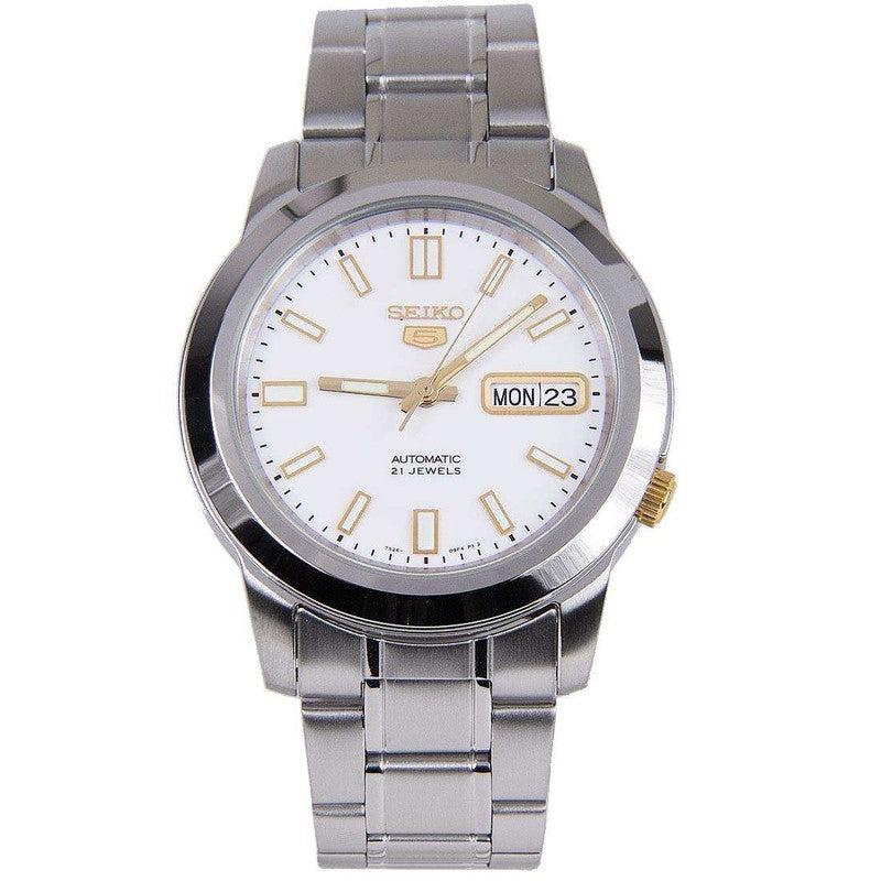 SEIKO SNKK07J1 – Japan-Made Automatic Watch – 38mm Stainless Steel Case – White Dial with Gold-Tone Hands – Day/Date Function – 30M Water Resistance - THE HAPPY BUY