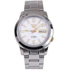 SEIKO SNKK07J1 – Japan-Made Automatic Watch – 38mm Stainless Steel Case – White Dial with Gold-Tone Hands – Day/Date Function – 30M Water Resistance - THE HAPPY BUY