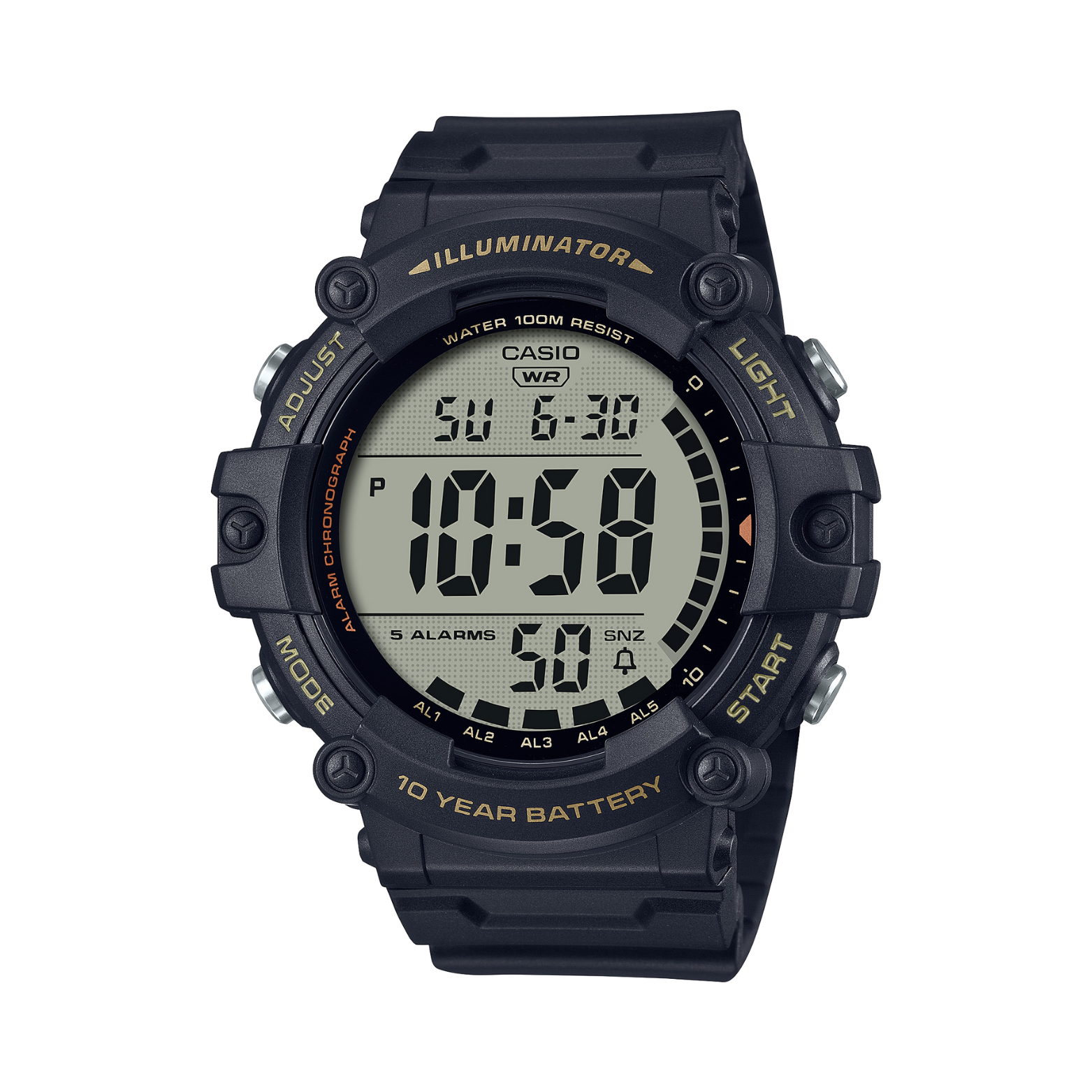 Digital watch with black casing and yellow text on a white background