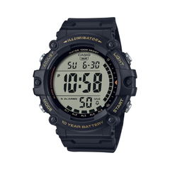 Digital watch with black casing and yellow text on a white background