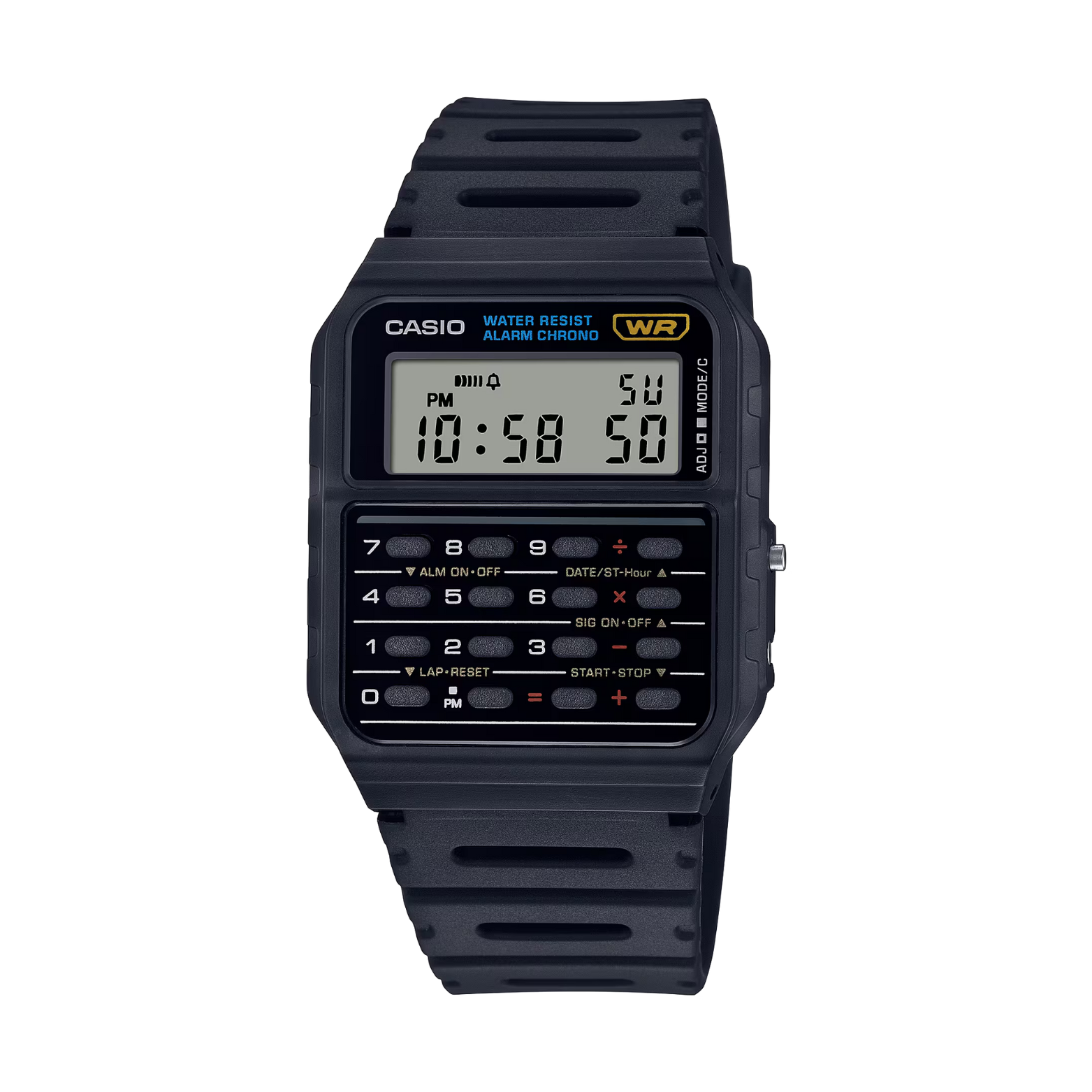 Black Casio digital watch on a white background