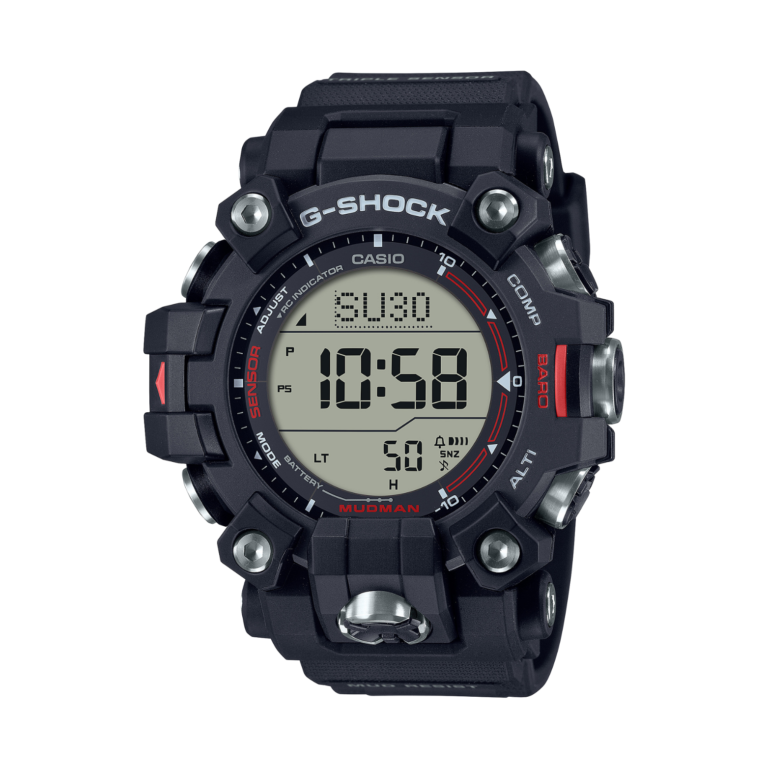 A black CASIO G-SHOCK GW-9500-1DR watch with a digital display, showing time, date, and various features such as compass, altimeter, barometer, and thermometer.