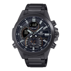 A black Casio Edifice ECB-30DC-1ADF analog-digital watch with a black band and black ion-plated case, featuring a digital display and multiple watch features.