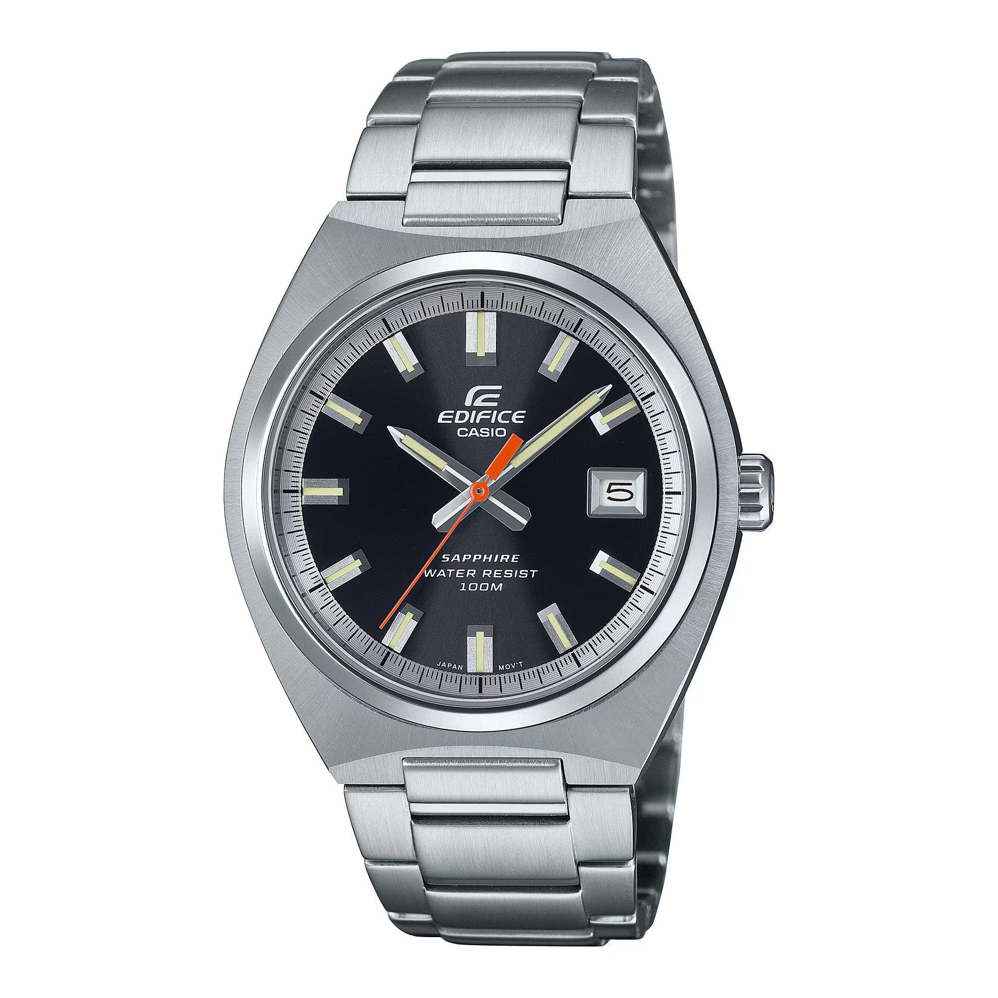 A Casio Edifice EFB-109D-1AVDF watch with a stainless steel band and a black dial featuring orange and white accents.