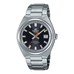 A Casio Edifice EFB-109D-1AVDF watch with a stainless steel band and a black dial featuring orange and white accents.