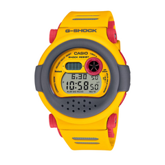 A yellow and gray CASIO G-SHOCK watch with a digital display, showing time and various watch features.