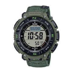 Green digital watch with multiple functions on a white background