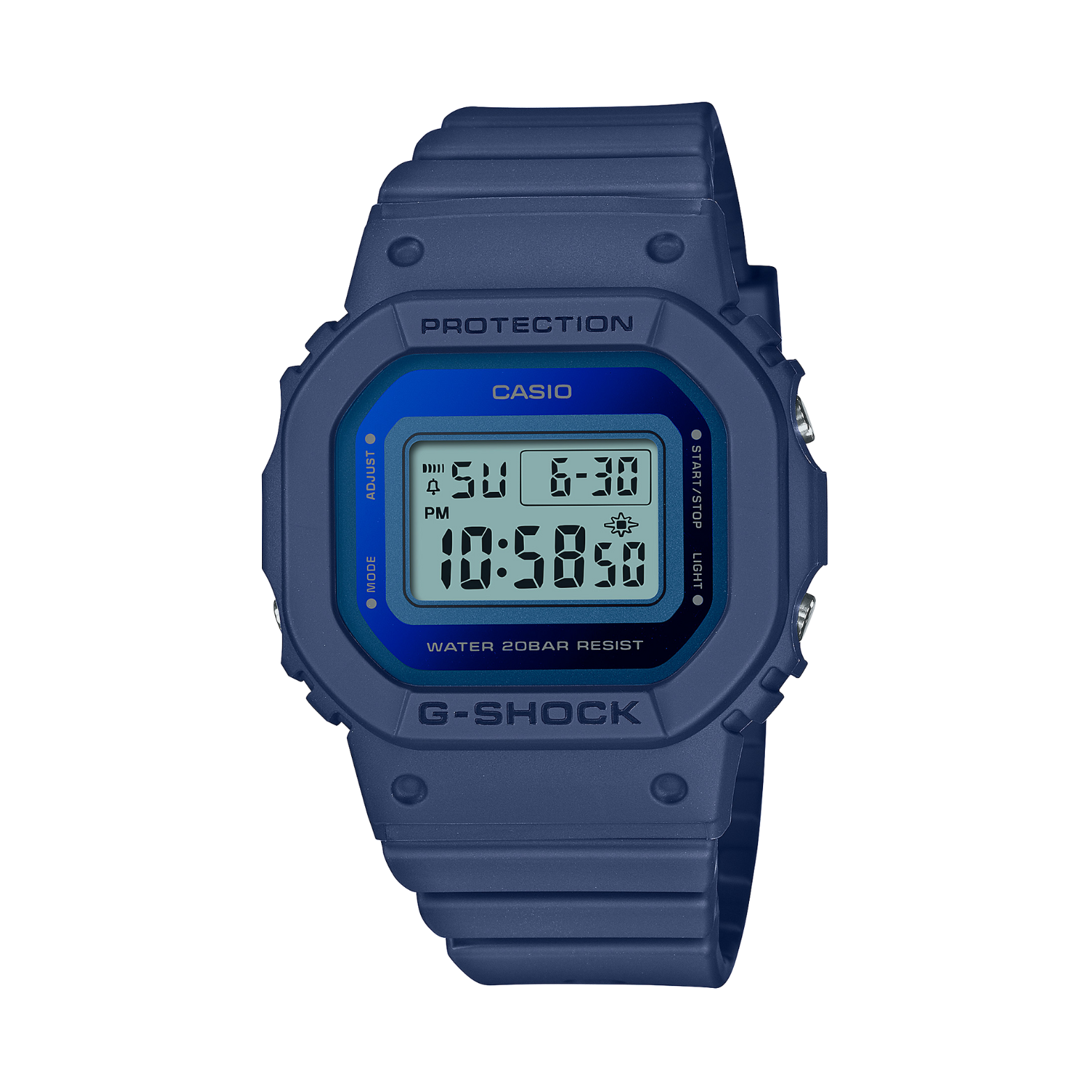 A blue CASIO G-SHOCK watch with a digital display, showing features such as stopwatch, timer, and alarm, with a resin band and a mineral glass exterior.