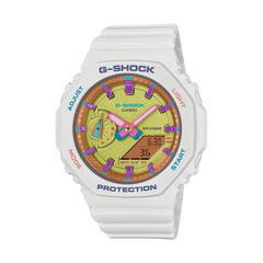 A Casio G-Shock watch with a white band and case, featuring a multicolored dial and LED light.