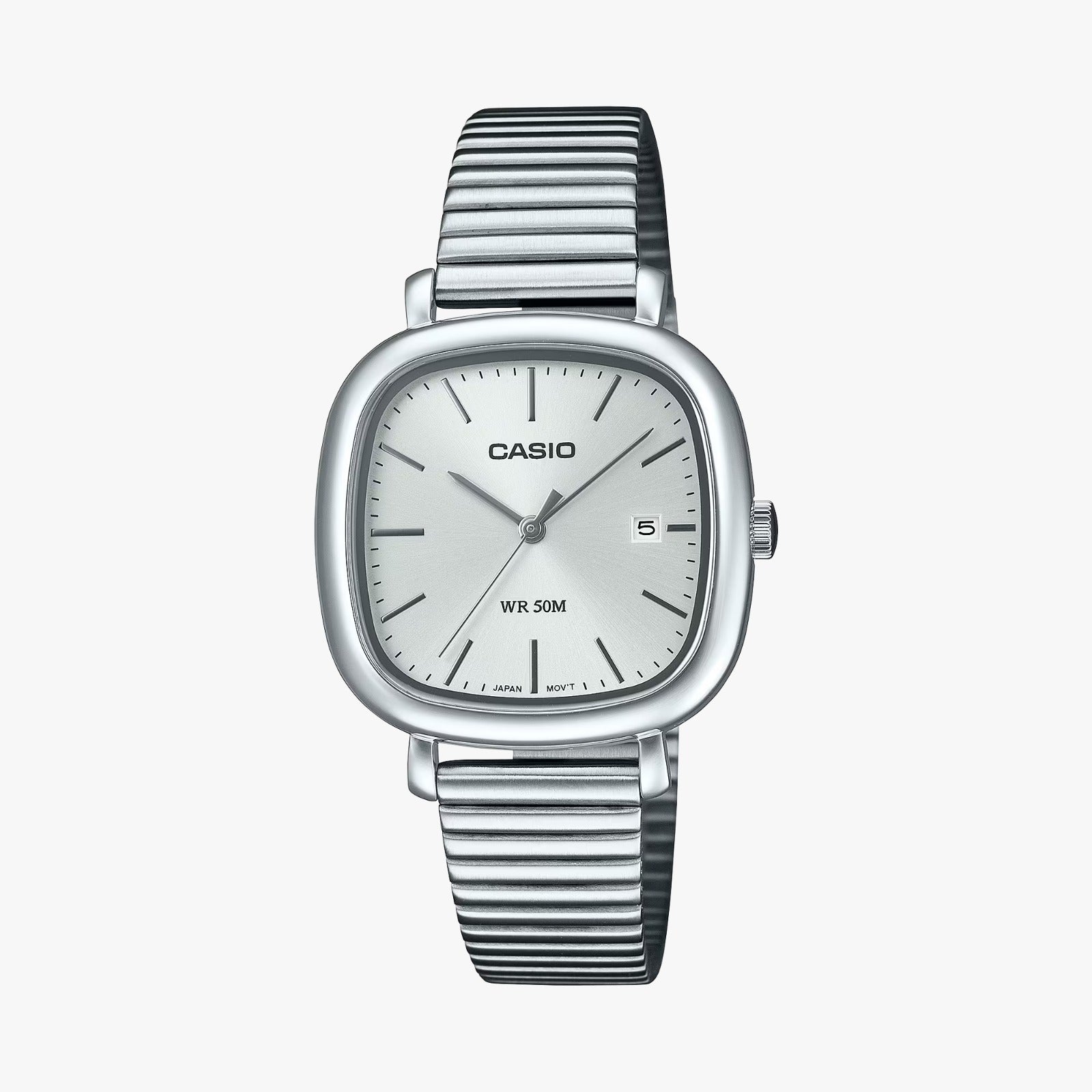 Silver Casio watch with a white face