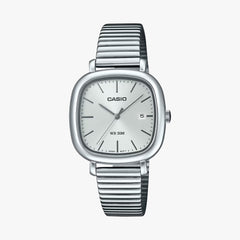 Silver Casio watch with a white face