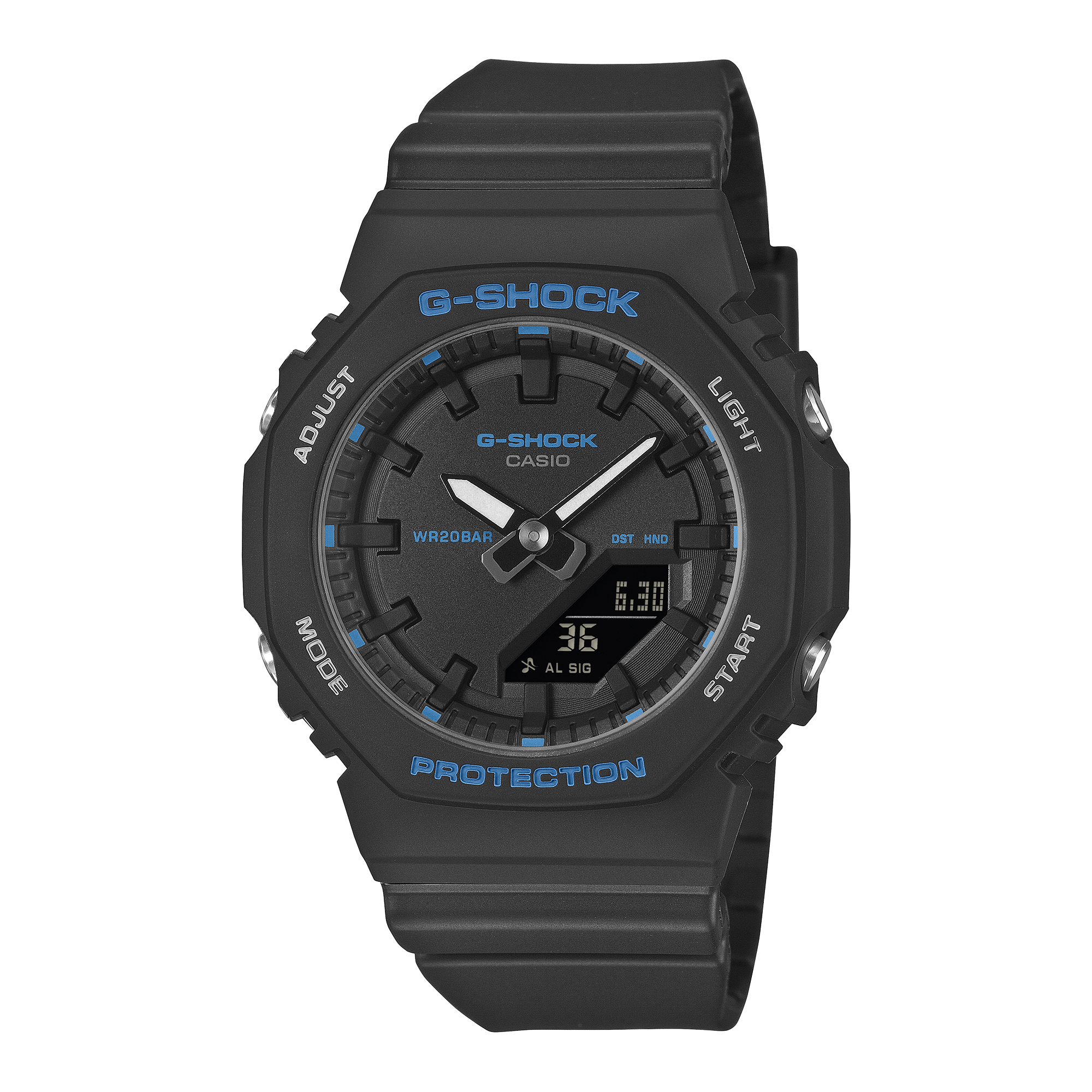 Black G-Shock watch with blue accents on a white background