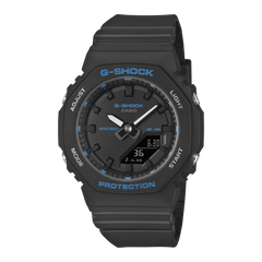 Black G-Shock watch with blue accents on a white background
