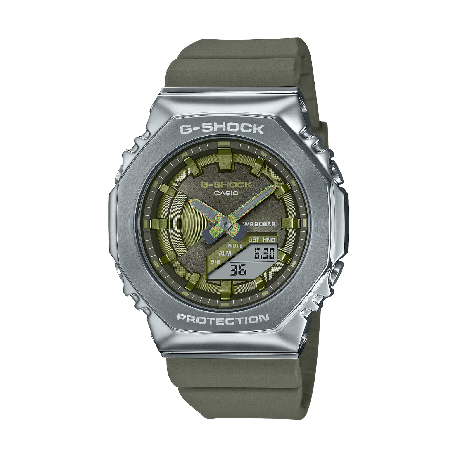 A CASIO G-SHOCK watch with a silver stainless steel case and a green resin band, featuring an analog-digital display in green and gray tones.