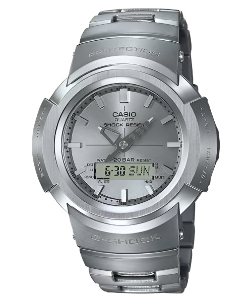A Casio G-Shock analog-digital watch in silver color with a digital display, showing time, date, and other features.