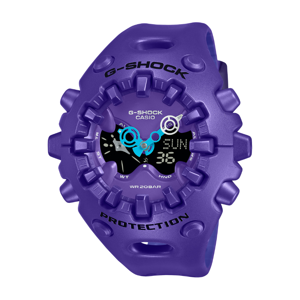 Purple Casio G-Shock watch on a white background