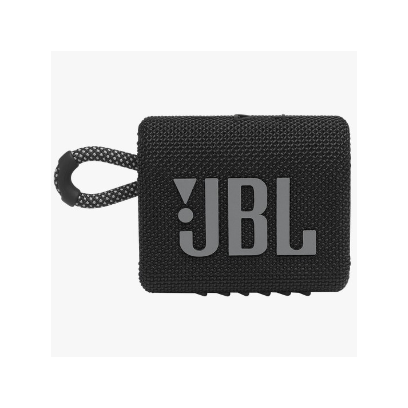 A black JBL portable Bluetooth speaker, model Go3, with a fabric strap and JBL logo visible on the front.