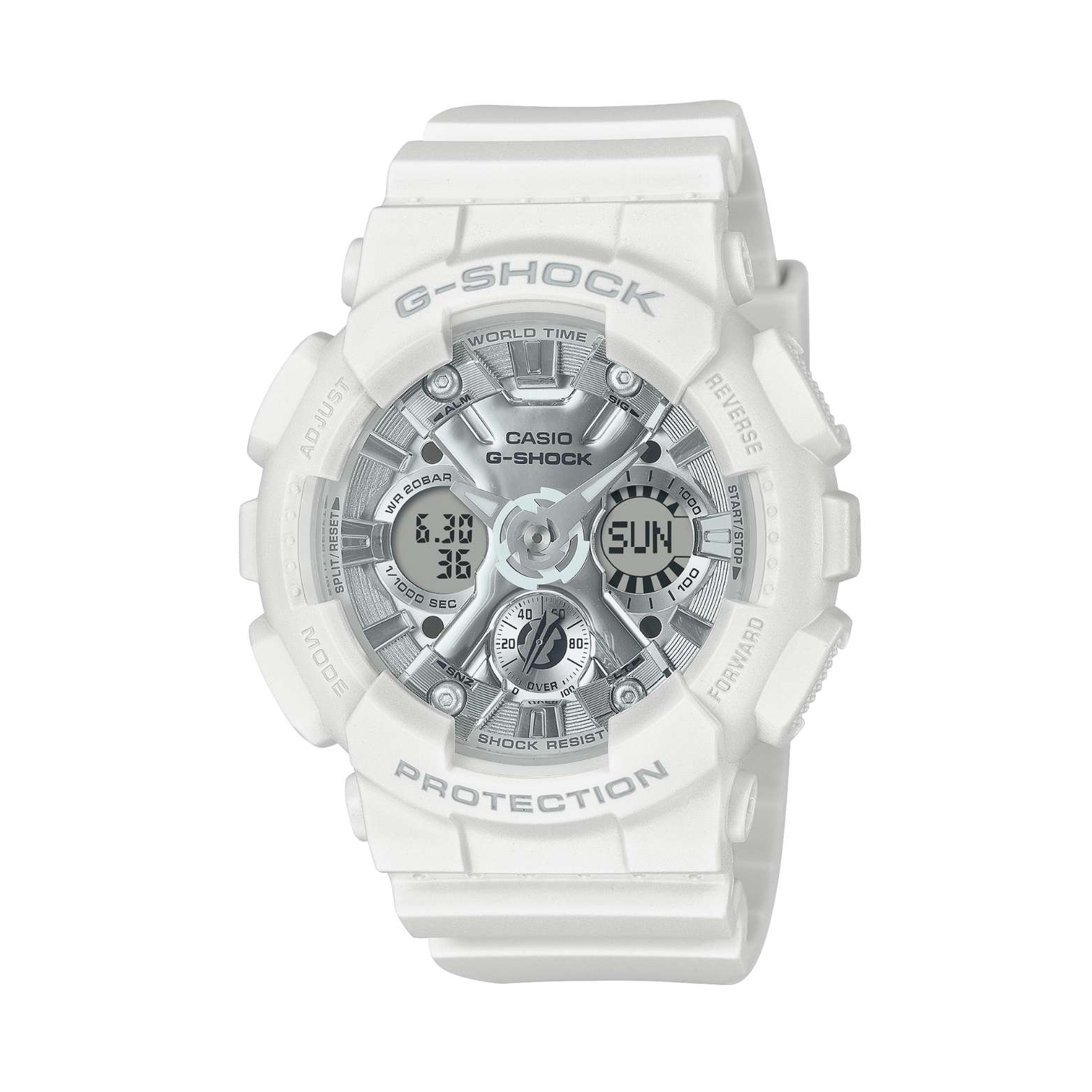 A white CASIO G-SHOCK analog-digital watch with a resin band and casing, displaying time and date on its dial.