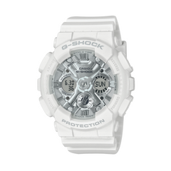 A white CASIO G-SHOCK analog-digital watch with a resin band and casing, displaying time and date on its dial.