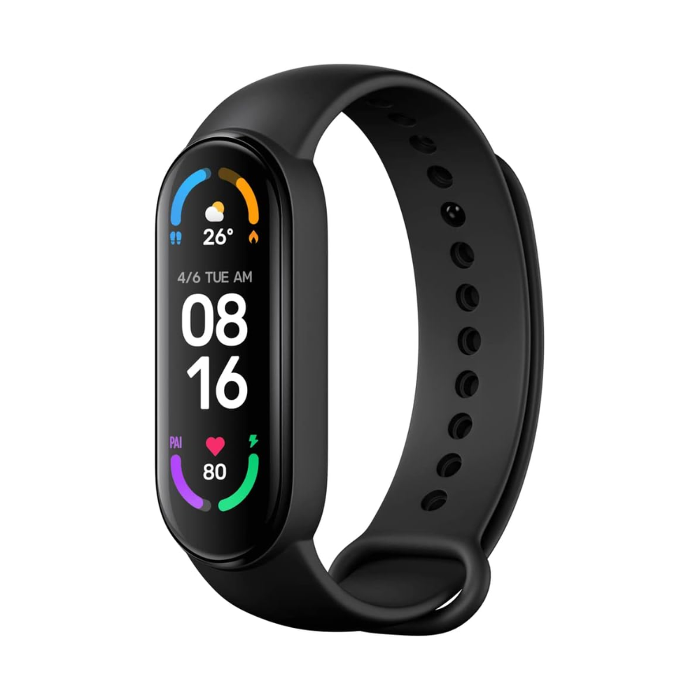 Black smartwatch with a colorful display on a white background