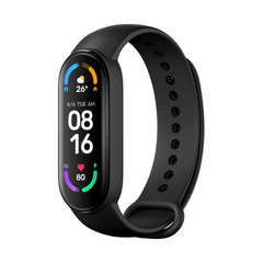 Black smartwatch with a colorful display on a white background