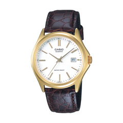 Casio watch with gold case and brown leather strap on a white background