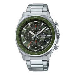 A Casio Edifice EFV-600D-3CVUDF watch with a stainless steel band and a green and silver case, featuring a digital display and multiple watch features.