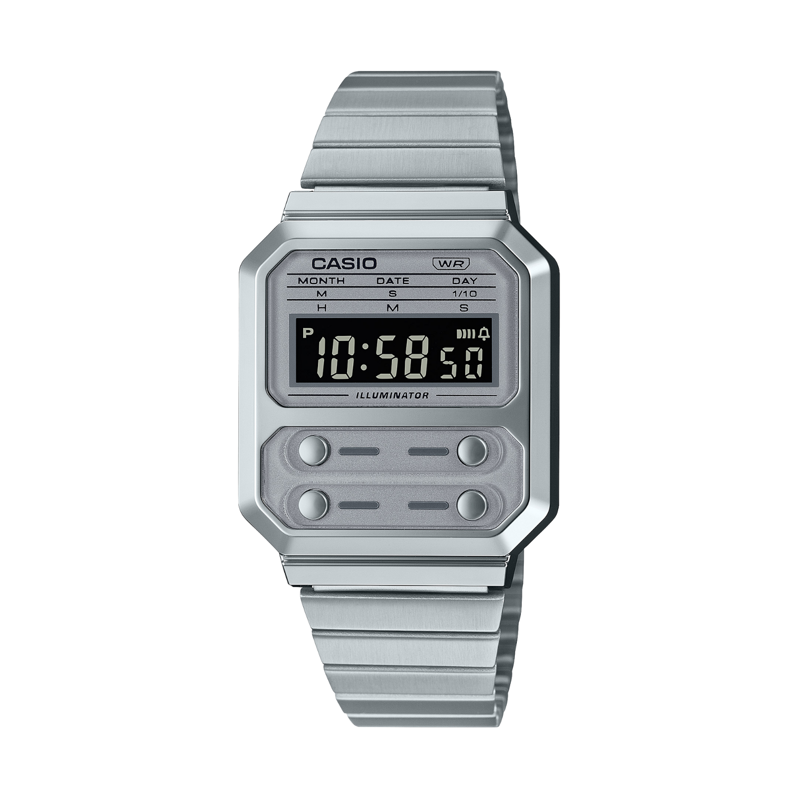 Silver Casio digital watch on a white background